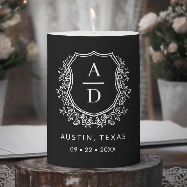 Modern Monogram Wedding Black Crest Pillar Candle (Creator Uploaded)
