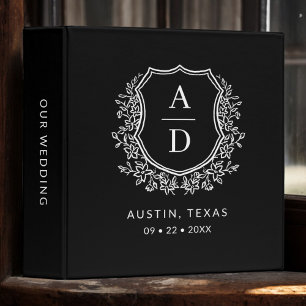 Modern Monogram Wedding Black Floral Crest 3 Ring Binder