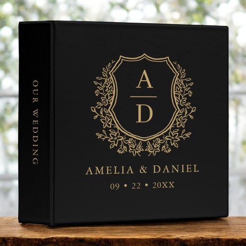 Modern Monogram Wedding Black Gold Crest