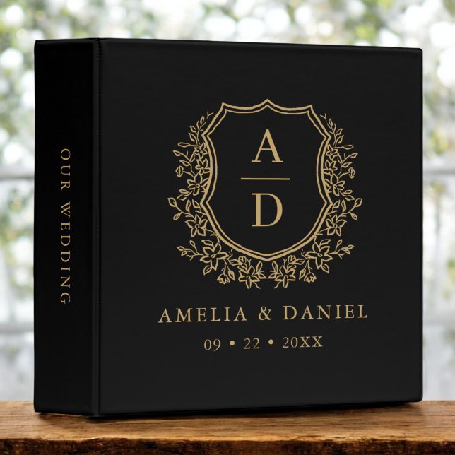 Modern Monogram Wedding Black Gold Crest 3 Ring Binder (Creator Uploaded)