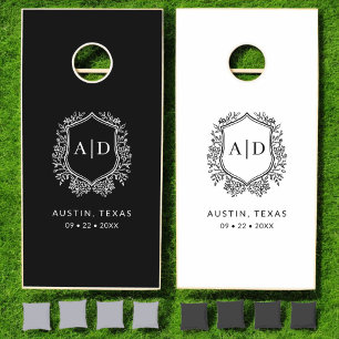 Modern Monogram Wedding Black White Crest Cornhole Set