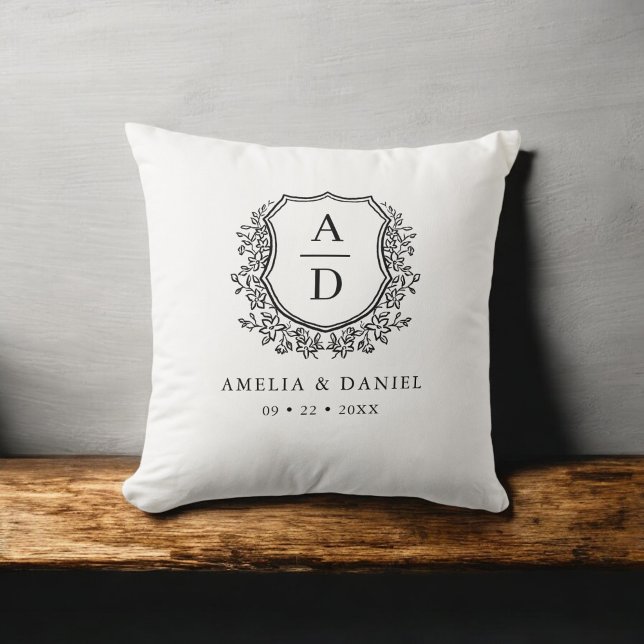 Modern Monogram Wedding Black White Crest Throw Pillow (Creator Uploaded)