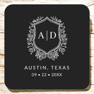 Modern Monogram Wedding BlackCrest Square Paper Coaster