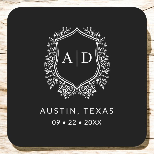 Modern Monogram Wedding BlackCrest Square Paper Coaster (Creator Uploaded)