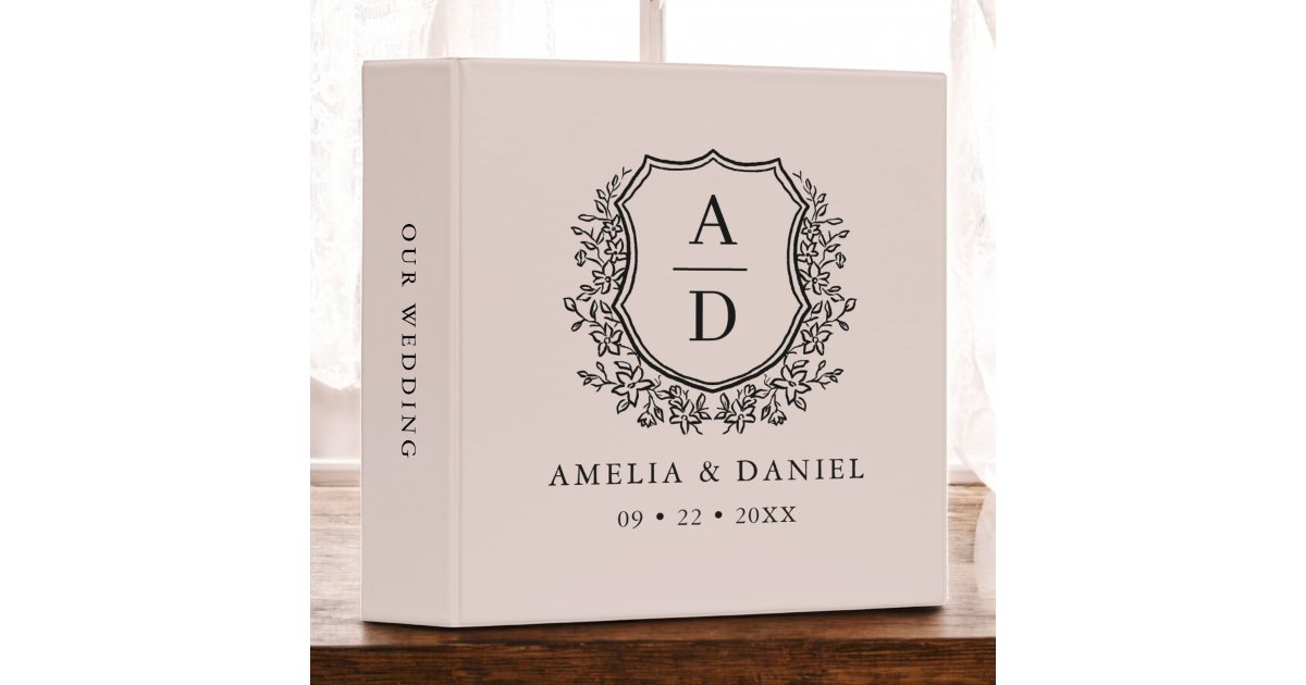 Modern Monogram Wedding Blush Pink Crest 3 Ring Binder | Zazzle