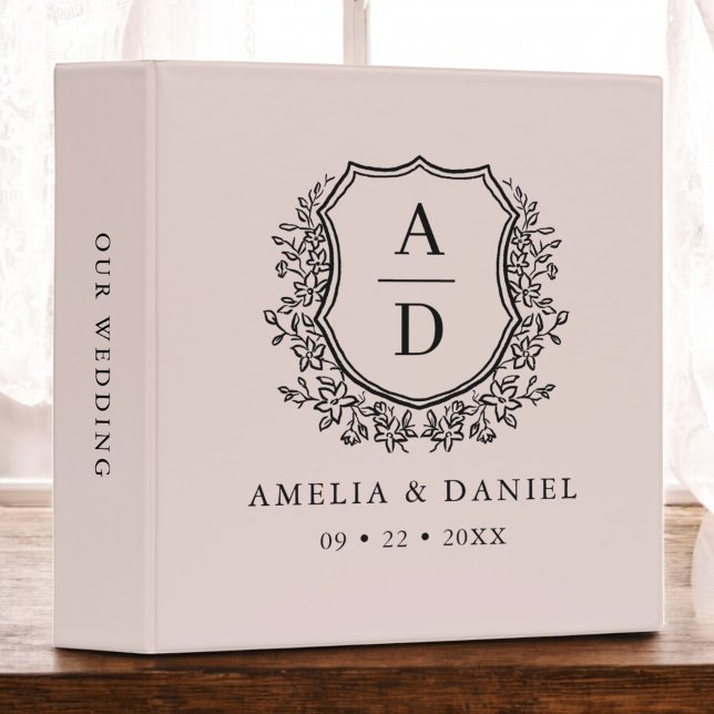 Modern Monogram Wedding Blush Pink Crest 3 Ring Binder (Creator Uploaded)