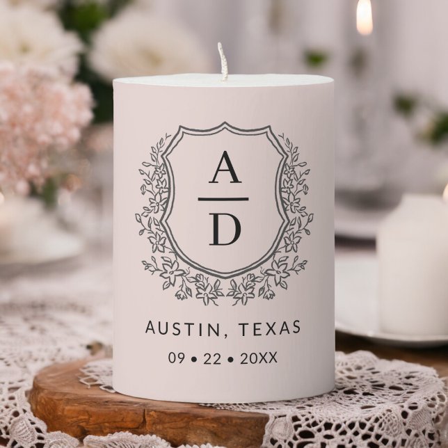 Modern Monogram Wedding Blush Pink Crest Pillar Candle (Creator Uploaded)