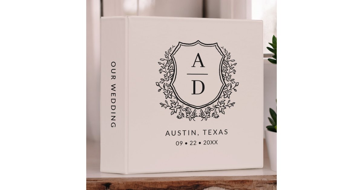 Modern Monogram Wedding Blush Pink Floral Crest 3 Ring Binder | Zazzle