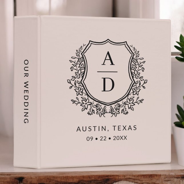 Modern Monogram Wedding Blush Pink Floral Crest 3 Ring Binder (Creator Uploaded)