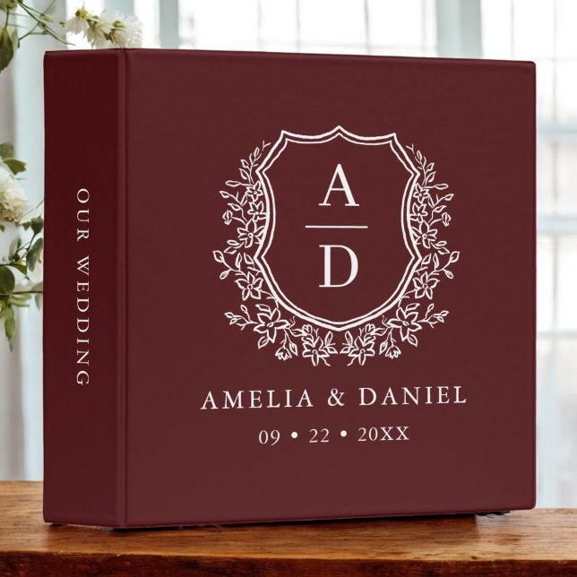 Modern Monogram Wedding Burgundy Crest 3 Ring Binder (Creator Uploaded)