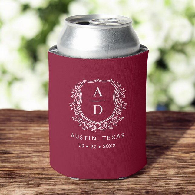 Modern Monogram Wedding Burgundy Crest Can Cooler (Creator Uploaded)