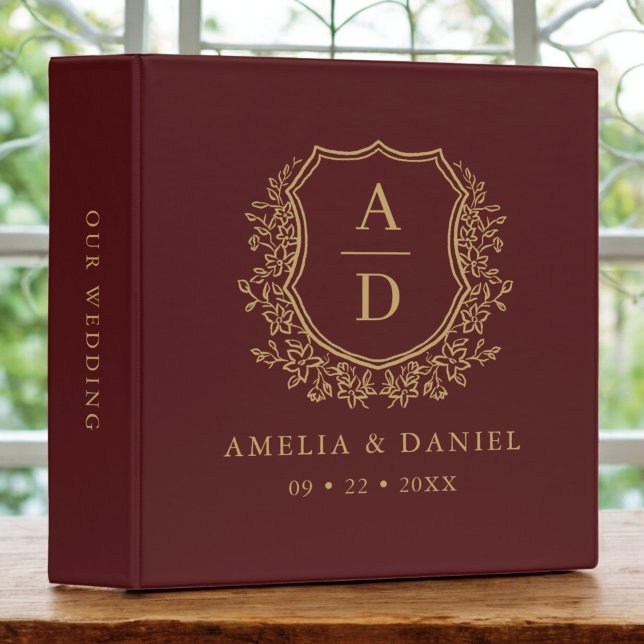 Modern Monogram Wedding Burgundy Gold Crest 3 Ring Binder (Creator Uploaded)
