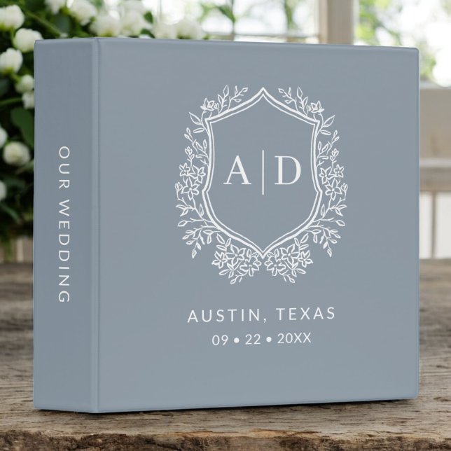 Modern Monogram Wedding Dusty Blue Crest 3 Ring Binder (Creator Uploaded)