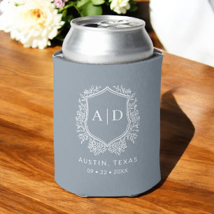 Modern Monogram Wedding Dusty Blue Crest Can Cooler