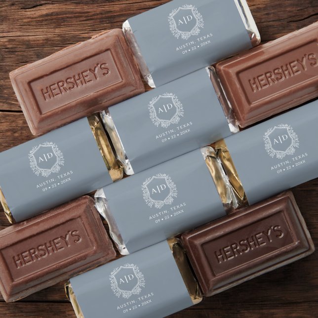 Modern Monogram Wedding Dusty Blue Crest Hershey's Miniatures (Creator Uploaded)