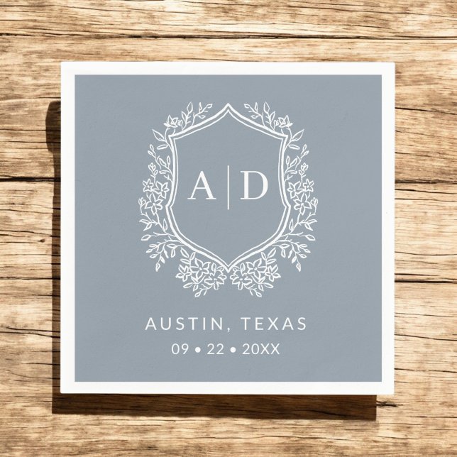 Modern Monogram Wedding Dusty Blue Crest Napkins (Creator Uploaded)