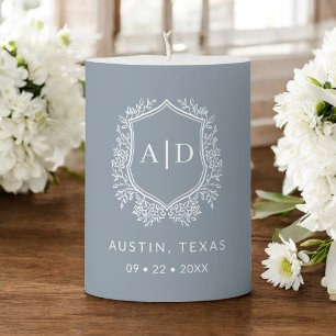 Modern Monogram Wedding Dusty Blue Crest Pillar Candle