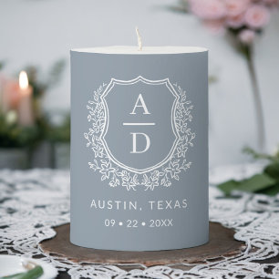 Modern Monogram Wedding Dusty Blue Crest Pillar Candle