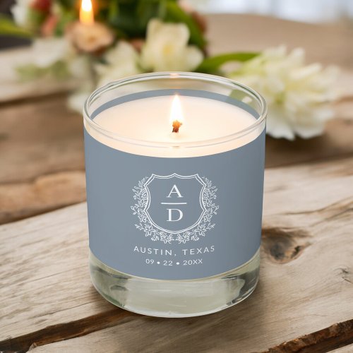 Modern Monogram Wedding Dusty Blue Crest Scented Candle