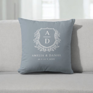 Modern Monogram Wedding Dusty Blue Crest Throw Pillow