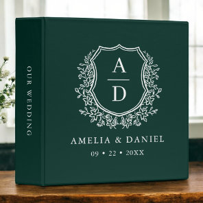Modern Monogram Wedding Emerald Green Crest 3 Ring Binder