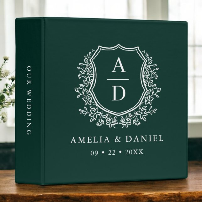 Modern Monogram Wedding Emerald Green Crest 3 Ring Binder (Creator Uploaded)