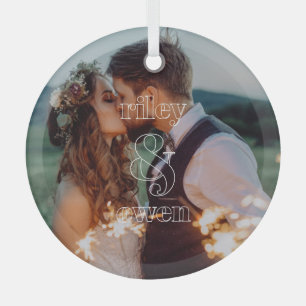 Modern Monogram Wedding Engagement Couple Photo Glass Ornament