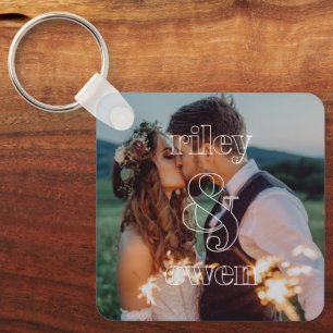 Modern Monogram Wedding Engagement Couple Photo Keychain