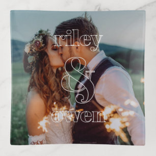 Modern Monogram Wedding Engagement Couple Photo Trinket Tray