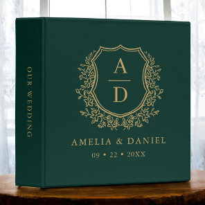 Modern Monogram Wedding Green Gold Crest 3 Ring Binder