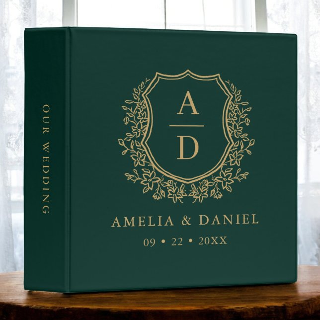 Modern Monogram Wedding Green Gold Crest 3 Ring Binder (Creator Uploaded)