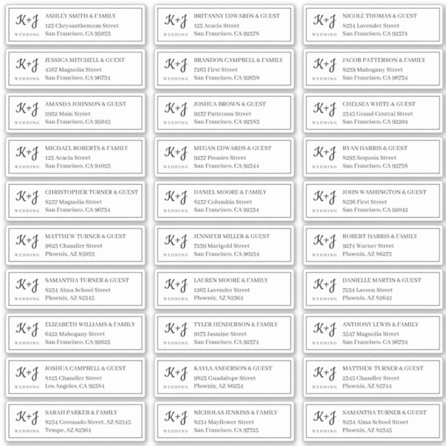 Modern + Monogram Wedding Guest Names Address Sticker (Front)