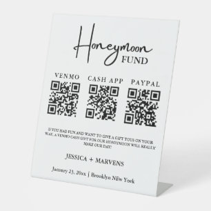 Modern Monogram wedding honeymoon fund QR code Pedestal Sign