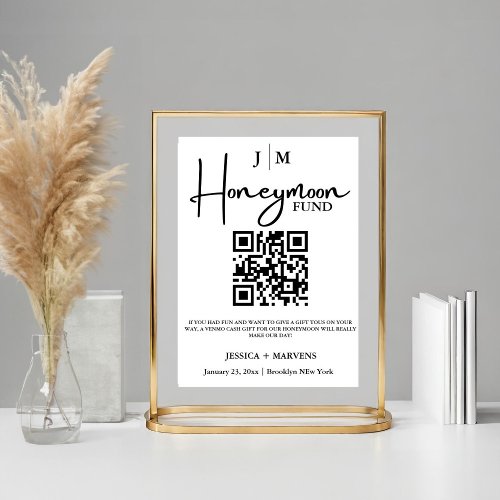 Modern Monogram  wedding honeymoon fund QR code  Poster