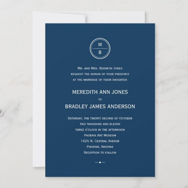 Modern Monogram Wedding Invitation (Navy) (Front)