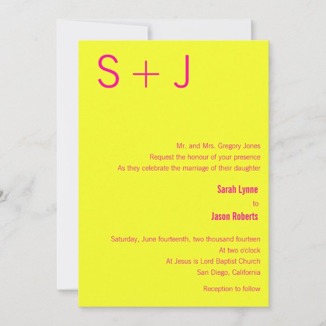 Modern Monogram Wedding Invitation - Yellow & Pink (Front)