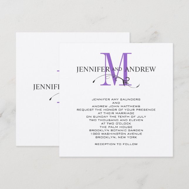 Modern Monogram Wedding Invitations Swirl Purple (Front/Back)