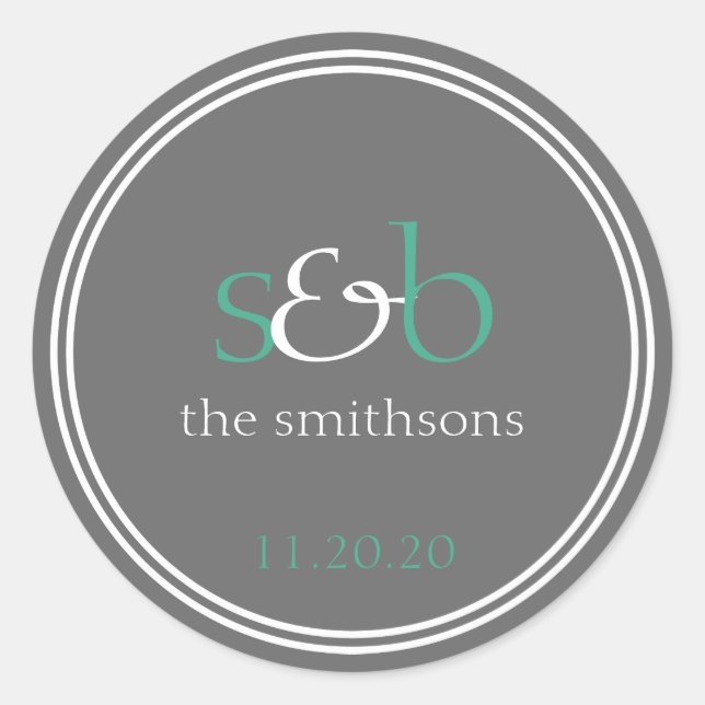 Modern Monogram Wedding Labels (Dark Green / Gray) (Front)