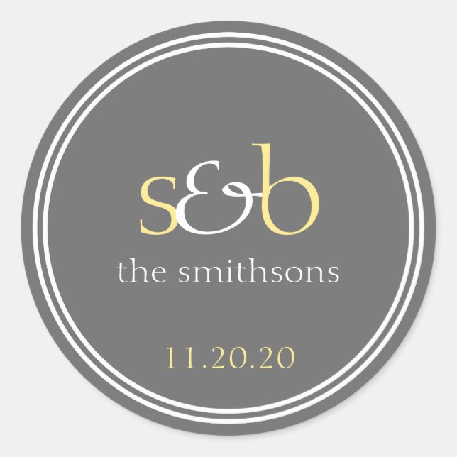 Modern Monogram Wedding Labels (Yellow / Gray) (Front)