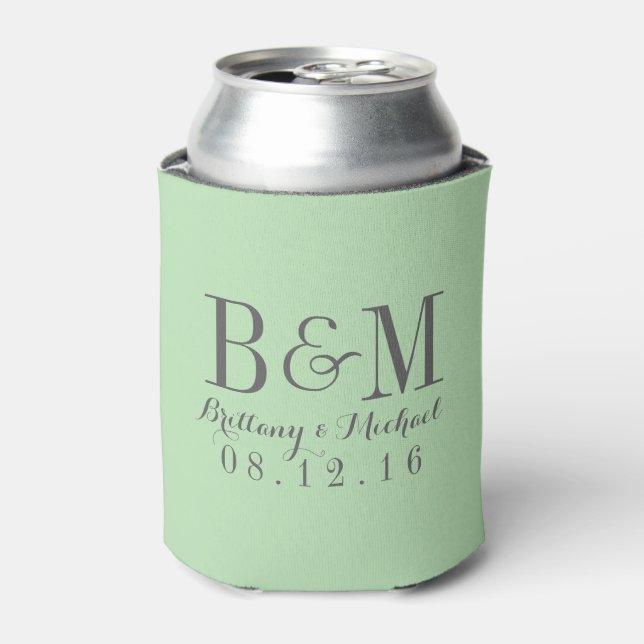 Modern Monogram Wedding Mint Green Can Cooler (Can Front)