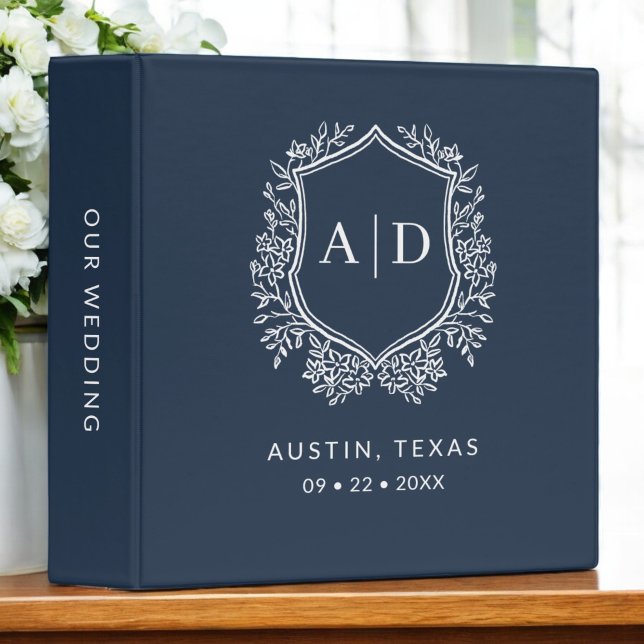 Modern Monogram Wedding Navy Blue Crest 3 Ring Binder (Creator Uploaded)