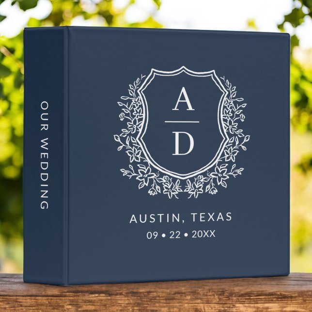 Modern Monogram Wedding Navy Blue Crest 3 Ring Binder (Creator Uploaded)