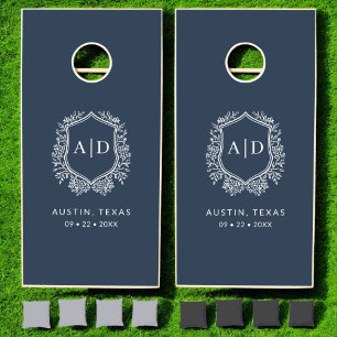 Modern Monogram Wedding Navy Blue Crest Cornhole Set