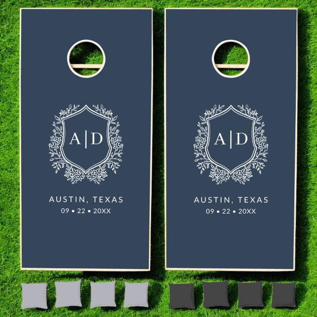 Modern Monogram Wedding Navy Blue Crest Cornhole Set (Creator Uploaded)