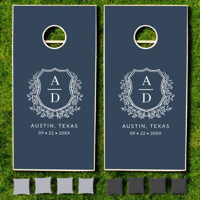 Modern Monogram Wedding Navy Blue Crest Cornhole Set (Creator Uploaded)