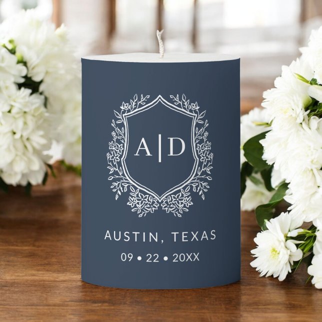 Modern Monogram Wedding Navy Blue Crest Pillar Candle (Creator Uploaded)