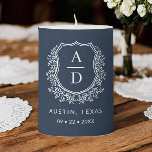 Modern Monogram Wedding Navy Blue Crest Pillar Candle