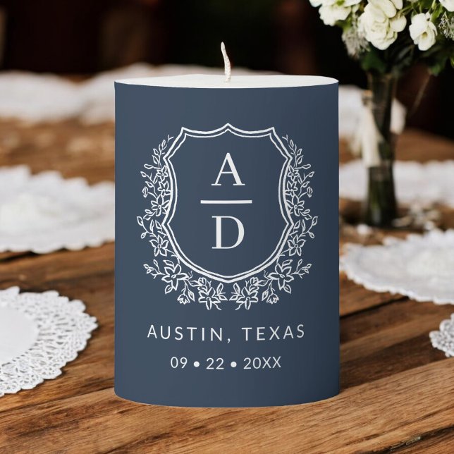 Modern Monogram Wedding Navy Blue Crest Pillar Candle (Creator Uploaded)