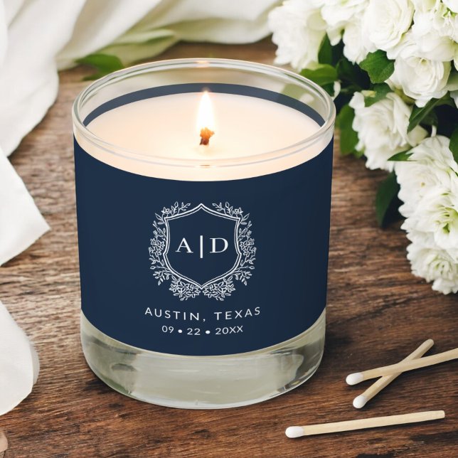 Modern Monogram Wedding Navy Blue Crest Scented Candle (Creator Uploaded)