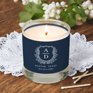 Modern Monogram Wedding Navy Blue Crest Scented Candle